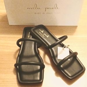 Mila Paoli "Black" Faux Leather Two Strap Flat Sandals  (NWB) Made in Italy